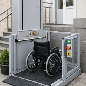 ვერტიკალური ლიფტი შშმ პირთათვის შენობის შესასვლელთან